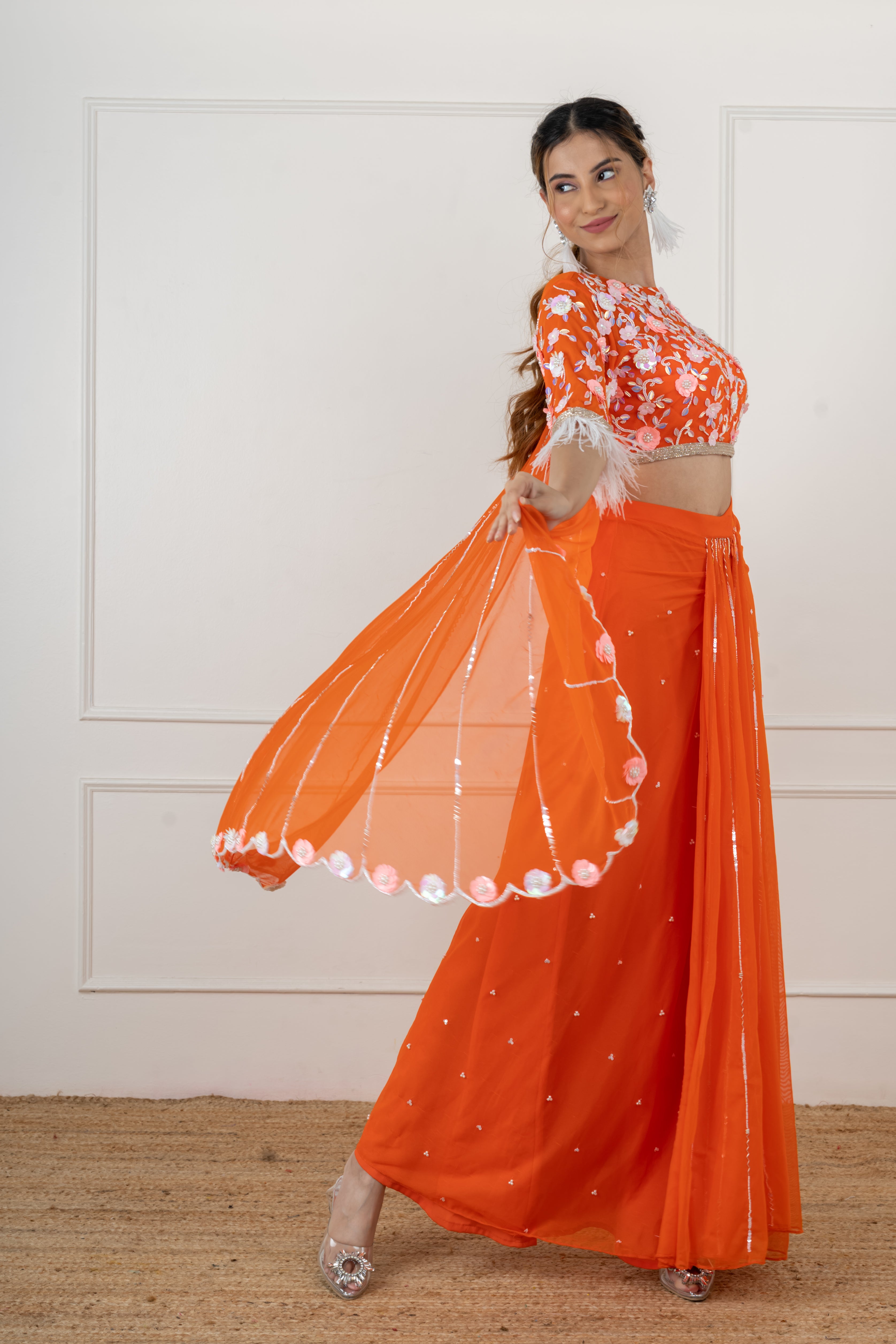 Orange draped handwork saree